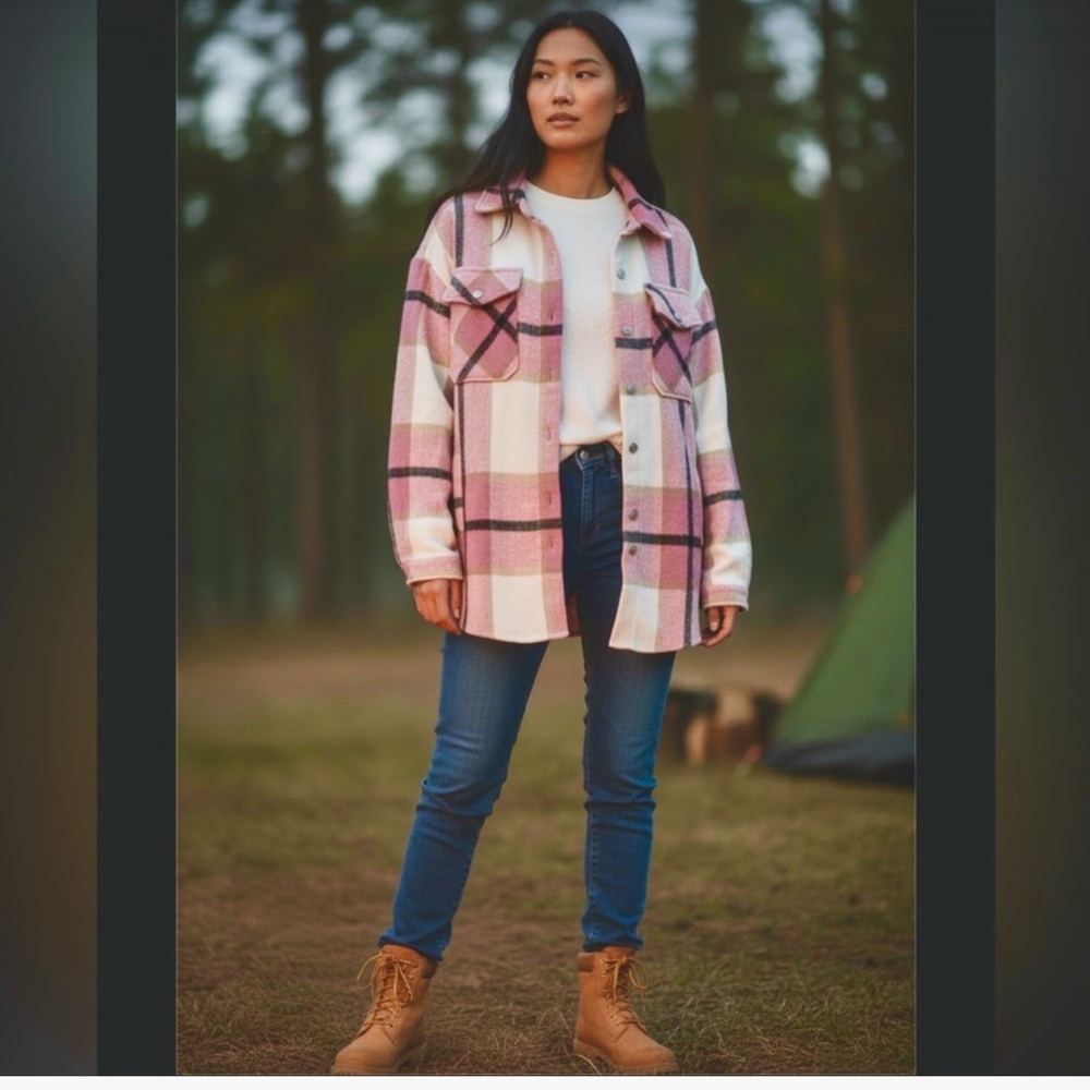 Classic Plaid Pink and White Women's Jacket Shacket pockets. front side & chest - Picture 1 of 12